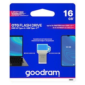 Goodram USB flash disk OTG, USB 3.0, 16GB, ODD3, modrý, ODD3-0160B0R11, USB A/USB C, s krytkou