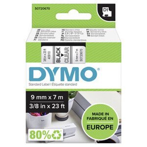 Dymo originál páska do tlačiarne štítkov, Dymo, 40910, S0720670, černý tlač/transparentný podklad, 7m, 9mm, D1