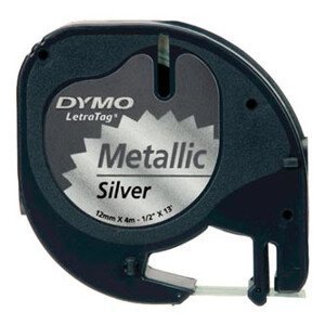 Dymo originál páska do tlačiarne štítkov, Dymo, S0721730, černý tlač/strieborný podklad, 4m, 12mm, LetraTag metalická páska