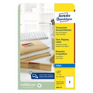 Avery Zweckform etikety 210mm x 297mm, A4, priehľadné, transparentná, 1 etiketa, na balíky, balené po 25 ks, J8567-25, pre atrameň