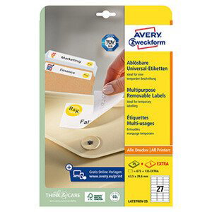 Avery Zweckform etikety 63.5mm x 29.6mm, A4, biele, 27 etiket, odnímateľná, balené po 25 ks, L4737REV-25, pre laserové a inkoust