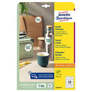 Avery Zweckform etikety 60mm, A4, biele, 12 etiket, balené po 10 ks, L3416-10, pre laserové a inkoustové tlačiarne, kopírky