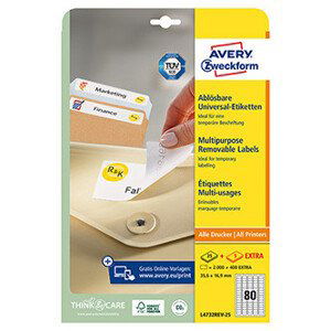 Avery Zweckform etikety 35,6mm x 16,9mm, A4, biele, 80 etiket, snímateľné, balené po 25 ks, L4732REV-25, pre laserové a atrament