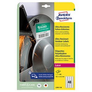 Avery Zweckform etikety 45.7mm x 21.2mm, A4, biele, 48 etiket, veľmi odolné, balené po 10 ks, L7911-10, pre laserové tlačiarne a