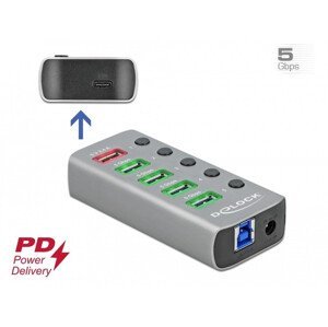 Delock Rozbočovač USB 3.2 Gen 1 so 4 portami + 1 rýchlonabíjacím portom + 1 portom USB-C™ PD 3.0 s prepínačom a osvetlením