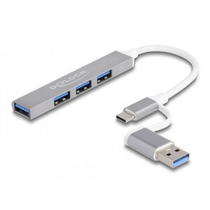 Delock 4 portový tenký USB Hub s USB Type-C™ alebo USB Typ-A na 3 x USB 2.0 Typ-A samica + 1 x USB 5 Gbps Typ-A samica