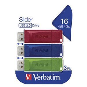 Verbatim USB flash disk, USB 2.0, 16GB, Slider, zelený, modrý, červený, 49326, USB A, s výsuvným konektorom, 3 ks