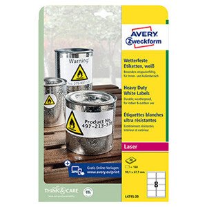 Avery Zweckform etikety 99.1mm x 67.7mm, A4, matné, biele, 8 etiket, veľmi odolné, balené po 20 ks, L4715-20, pre laserové tlačia