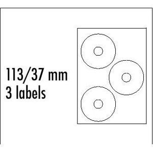 Logo etikety na CD 113/37mm, A4, matné, biele, 3 etikety, 140g/m2, balené po 10 ks, pre inkoustové a laserové tlačiarne