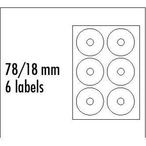 Logo etikety na CD 78/18mm, A4, matné, biele, 6 etiket, 140g/m2, balené po 10 ks, pre inkoustové a laserové tlačiarne