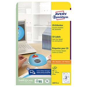 Avery Zweckform etikety na CD 117/41mm, A4, matné, biele, 2 etikety, balené po 25 ks, L6015-25, pre laserové a inkoustové tlačiar