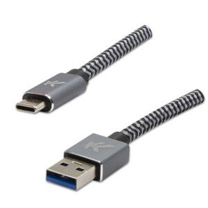 Logo USB kábel (3.2 gen 1), USB A samec - USB C samec, 1m, 5 Gb/s, 5V/3A, šedý, box, kovové opletenie, hliníkový kryt konektora