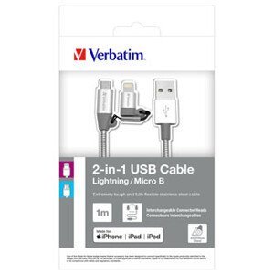 Verbatim USB kábel (2.0), USB A samec - microUSB samec + Apple Lightning samec, 1m, strieborný, box, 48869, 2 in 1 - nastaviteľná