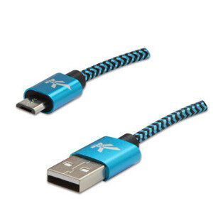 Logo USB kábel (2.0), USB A samec - microUSB samec, 1m, 480 Mb/s, 5V/2A, modrý, box, nylonové opletenie, hliníkový kryt konektora