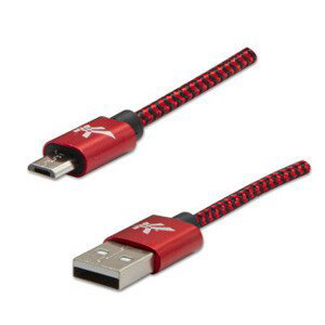 Logo USB kábel (2.0), USB A samec - microUSB samec, 1m, 480 Mb/s, 5V/2A, červený, box, nylonové opletenie, hliníkový kryt konektor