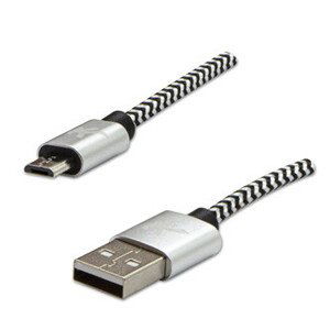 Logo USB kábel (2.0), USB A samec - microUSB samec, 1m, 480 Mb/s, 5V/2A, striebra, box, nylonové opletenie, hliníkový kryt konek