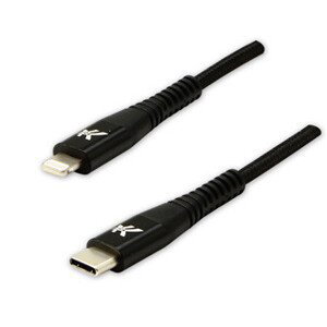 Logo USB kábel (2.0), USB C samec - Apple Lightning samec, 2m, MFi certifikácia, 5V/3A, černý, box, nylonové opletenie, hliníkový
