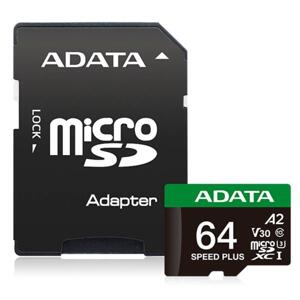 ADATA MicroSDXC karta 64 GB Speed Plus, U3, C10, A2, V30 (R: 160/W: 140 MB/s) + SD adaptér