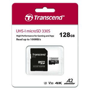 TRANSCEND MicroSDXC karta 128GB 330S, UHS-I U3 A2 + adaptér