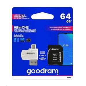 GOODRAM microSDXC karta 64GB M1A4 All-in-one (R:100/W:10 MB/s), UHS-I Class 10, U1 + Adapter + OTG card reader/čítačka