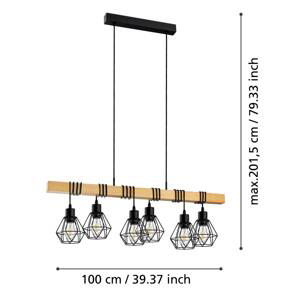 Závesné svietidlo Townshend, dĺžka 100 cm, čierna/dub, 6 svetiel.