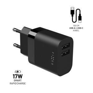 FIXED Sieťová nabíjačka USB-C 17W Smart Rapid Charge čierna FIXC17N-2UC-BK - Univerzálny 2xUSB adaptér s USB-C káblom