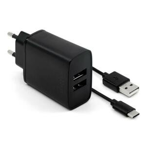 FIXED Sieťová nabíjačka USB-C 15W Smart Rapid Charge čierna FIXC15-2UC-BK - Univerzálny 2xUSB adaptér s USB-C káblom
