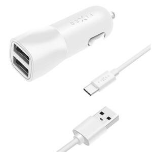 FIXED Autonabíjačka USB-C 15W Smart Rapid Charge, biela FIXCC15-2UC-WH - Univerzálny 2xUSB adaptér do auta s USB-C káblom