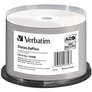 VERBATIM CD-R(50 ks) spindl, AZO 52X,700MB,biely, bez loga, možnosť potlače