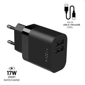 FIXED Set Sieťová nabíjačka 2xUSB výstupom a USB/micro USB kábla, 1 m, 17W, Smart Rapid Charge, čierna FIXC17N-2UM-BK