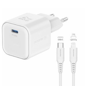 SWISSTEN GaN network adapter 1x USB-C 20 W PD, white + Data cable USB-C/Lighting 1,2 m, white