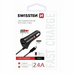 Autonabíjačka Swissten 2.4A so zabudovaným USB-C káblom a USB konektorom 20111500