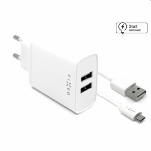 FIXED Sieťová nabíjačka Smart Rapid Charge s 2 x USB 15W + kábel USB/micro USB 1m, biela FIXC15-2UM-WH