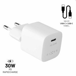 FIXED Set Sieťová mini nabíjačka s USB-C výstupom a USB-C/USB-C kábel 1m, PD, 30W, biely FIXC30M-CC-WH