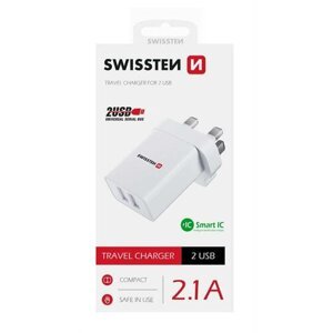 SWISSTEN Adaptér 230 V/2,1 A 10,5 W 2x USB, biela