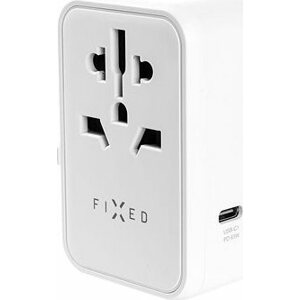 FIXED Voyager Travel GaN Adaptér EÚ UK USA/AUS s 3× USB-C a 2× USB výstupom PD 65 W biely