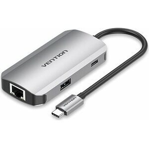 Vention Type-C to 3× USB3.0/RJ-45/PD Hub 0.15M Gray Aluminum Alloy Type