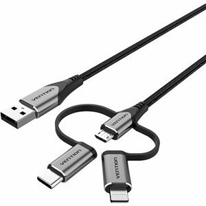 Vention MFi USB 2.0 to 3-in-1 Micro USB & USB-C & Lightning Cable 1M Gray Aluminum Alloy Type