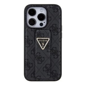 Guess PU Grip Stand 4G Strass Triangle Metal Logo Zadný Kryt pre iPhone 15 Pro Max, black 57983117146