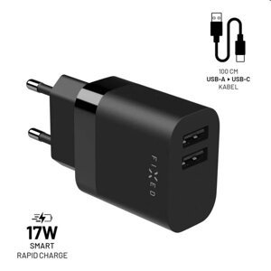 FIXED Set Sieťová nabíjačka 2xUSB výstupom a USBUSB-C kábla, 1 m, 17W, Smart Rapid Charge, čierna FIXC17N-2UC-BK