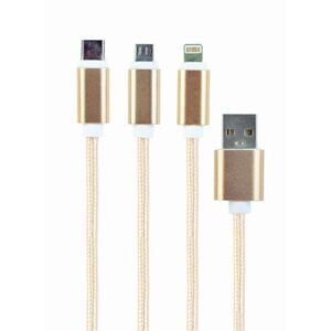 Kábel CABLEXPERT USB A MaleMicro B + Type-C + Lightning, 1m, opletený, zlatý, blister CC-USB2-AM31-1M-G