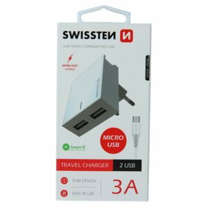 Rýchlonabíjačka Swissten Smart IC 3.A s 2 USB konektormi + dátový kábel USB  Micro USB 1,2 m, biela 22041000