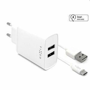 FIXED Sieťová nabíjačka Smart Rapid Charge s 2 x USB, 15W + kábel USBUSB-C 1m, biela FIXC15-2UC-WH