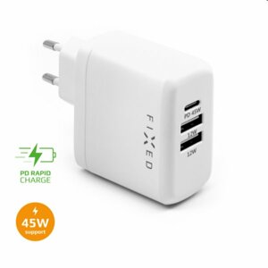 FIXED Sieťová nabíjačka s USB-C2 x USB, podpora PD, 45W, biela FIXC45-C2U-WH