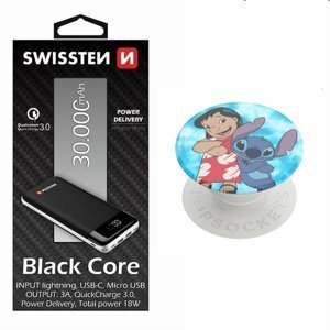 Swissten Black Core Slim Powerbank 30.000 mAh + Popsockets Lilo & Stitch Ohana