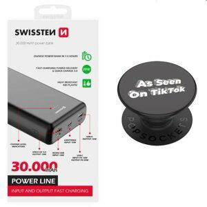 Swissten Power Line Powerbank 30 000 mAh 20W, PD, black + Popsockets As Seen on TIKTOK