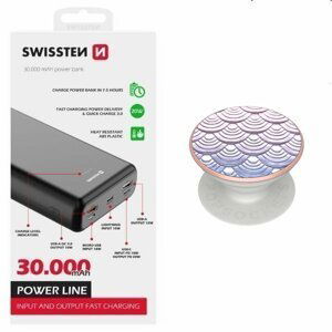 Swissten Power Line Powerbank 30 000 mAh 20W, PD, black + Popsockets Iridescent Mermaid Pearl