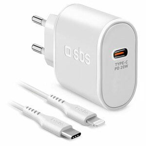 SBS Cestovná nabíjacia sada Ultra Fast Charge, USB-C PD 20 WLightning, biela TETRKITPD20LIGW