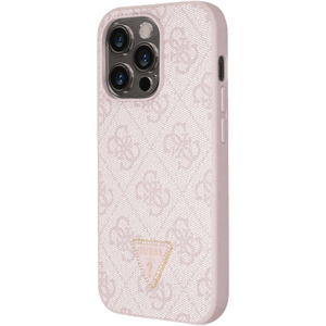 Plastové puzdro Guess na Apple iPhone 15 Pro GUHCP15LP4TDPP PU 4G Strass Triangle Metal Logo ružové