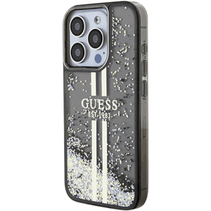 Plastové puzdro Guess na Apple iPhone 15 Pro GUHCP15LLFCSEGK Liquid Glitter Gold Stripe čierne